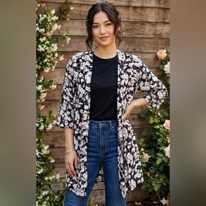Floral Cotton Kimono in Black and Pink: Eligible $3/25 Bundle!